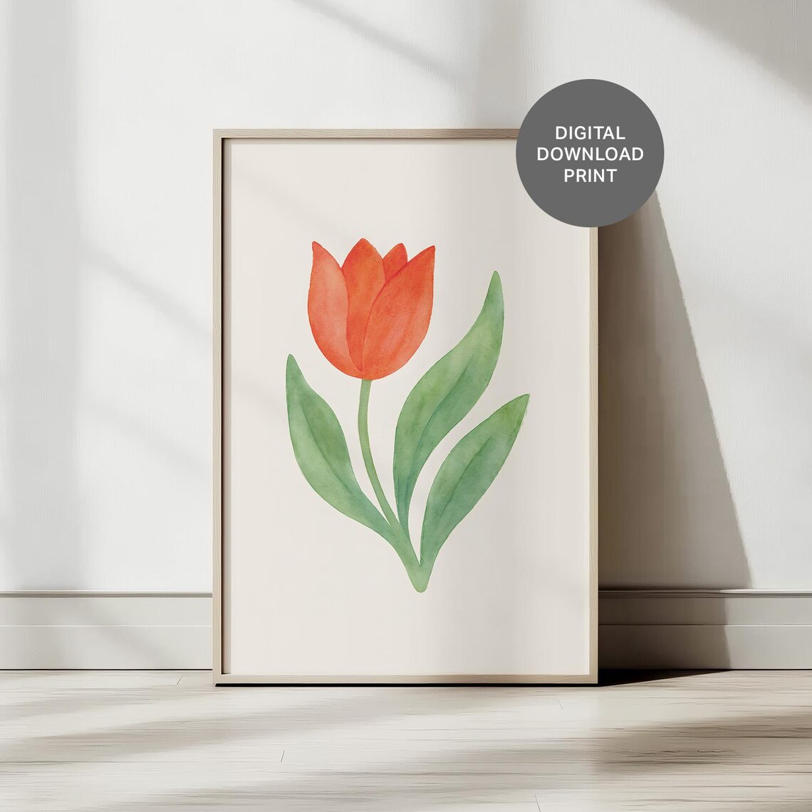Red Watercolor Tulip Single Stem Modern Fresh Floral Wall Art