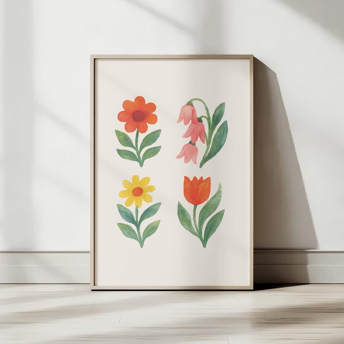 Watercolor Tulip Daisy Bellflower Bright Spring Floral Wall Art