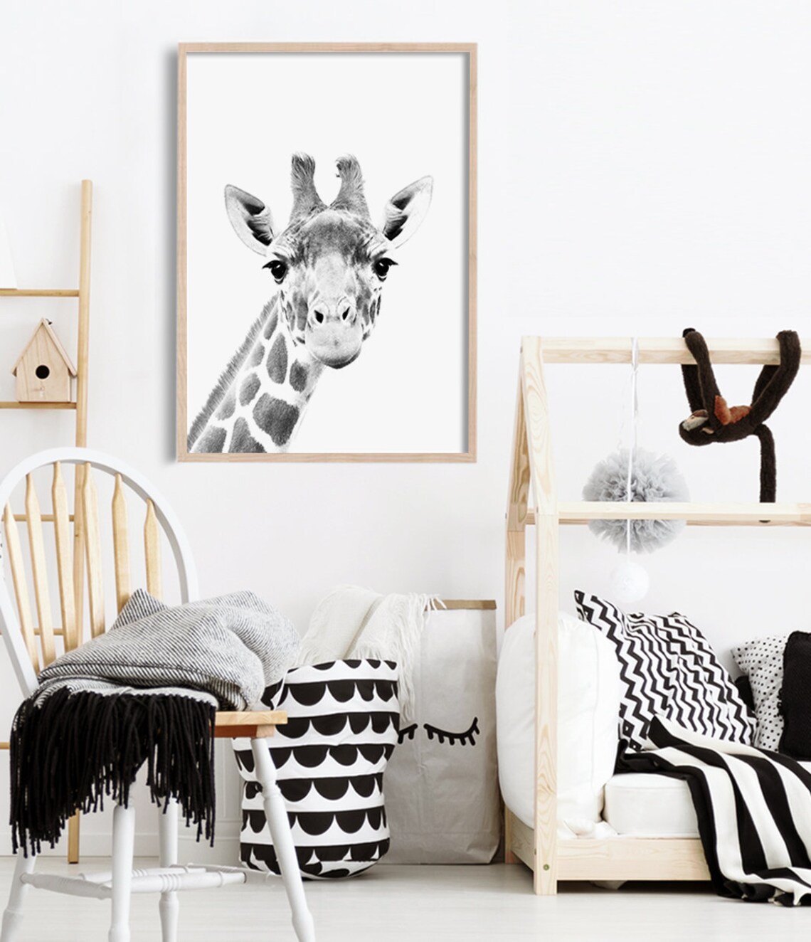 Black And White Baby Giraffe Face Cute Nursery Safari Kids Art Print - Image 3