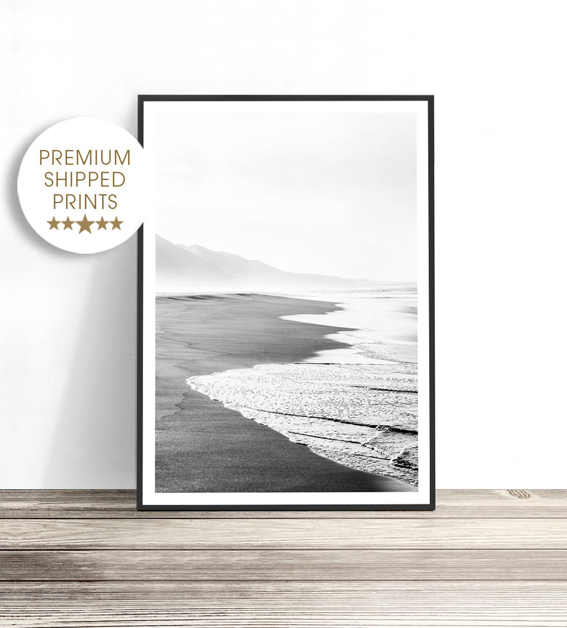 Black And White Beach Shoreline Misty Mountains Coastal Travel Poster