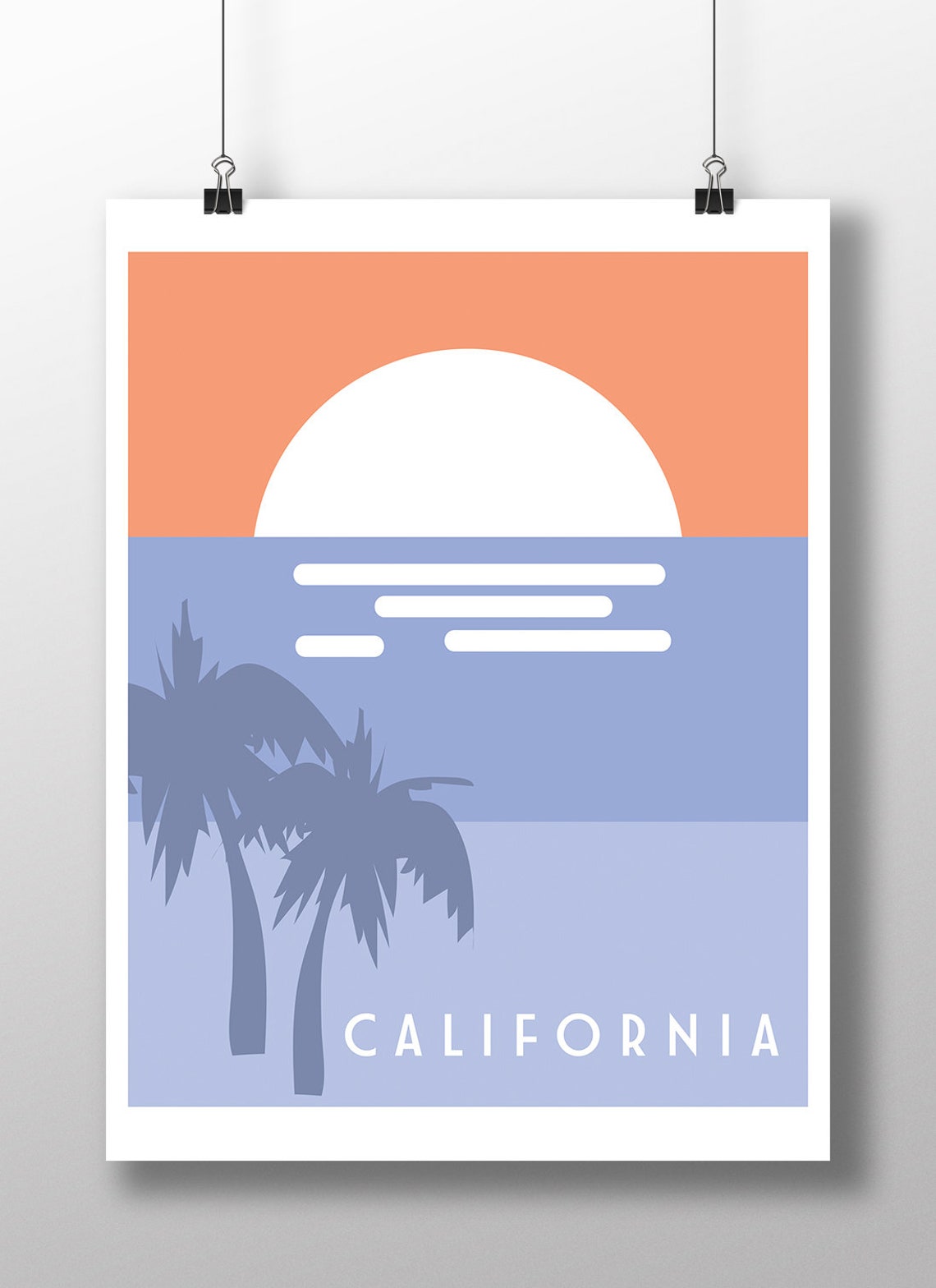 California Retro Palm Trees Ocean Sunset Minimalist Travel Poster