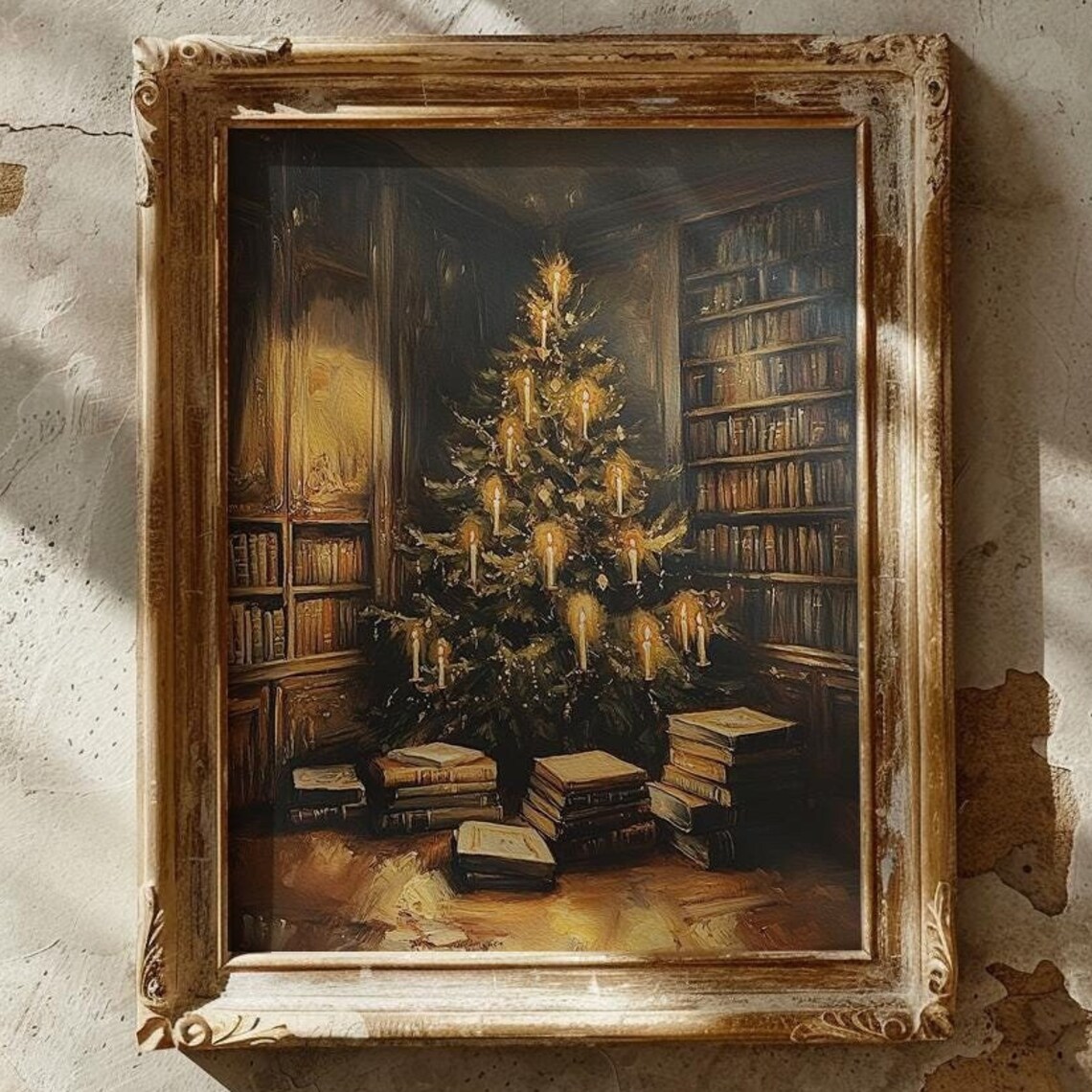 Candlelit Christmas Tree in a Vintage Library Full of Books Poster