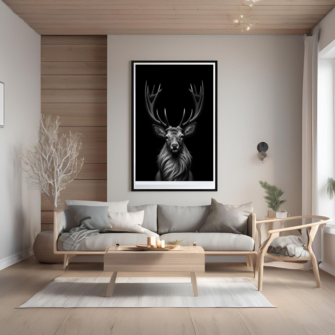 Black And White Stag Deer Antler Portrait Minimalist Wildlife Poster - Image 3