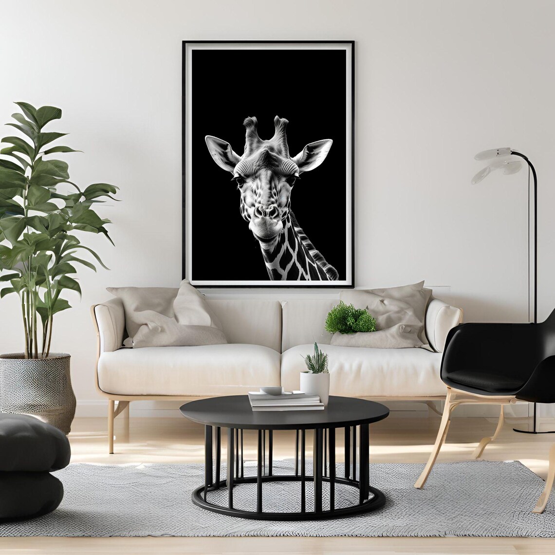 Black And White Giraffe Face Front Portrait Minimalist Wildlife Poster - Image 2
