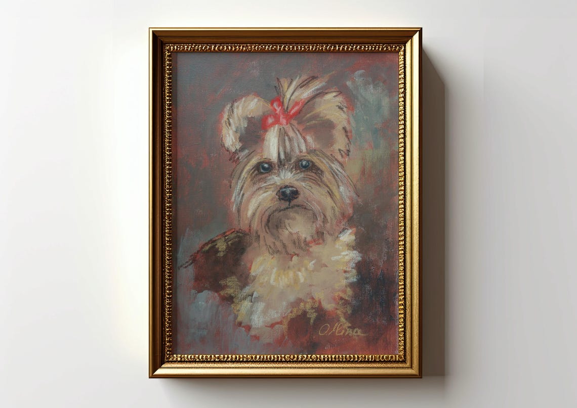 Yorkshire Terrier With Red Bow Portrait Painting Poster Dog Lover Art