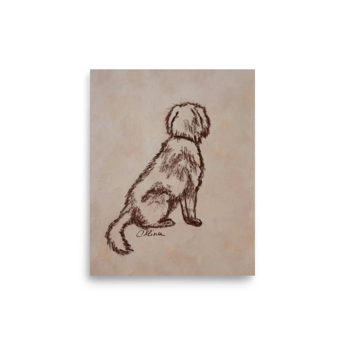 Little Dog Sitting With Its Back to Us Warm Sketch Art Poster - Image 3