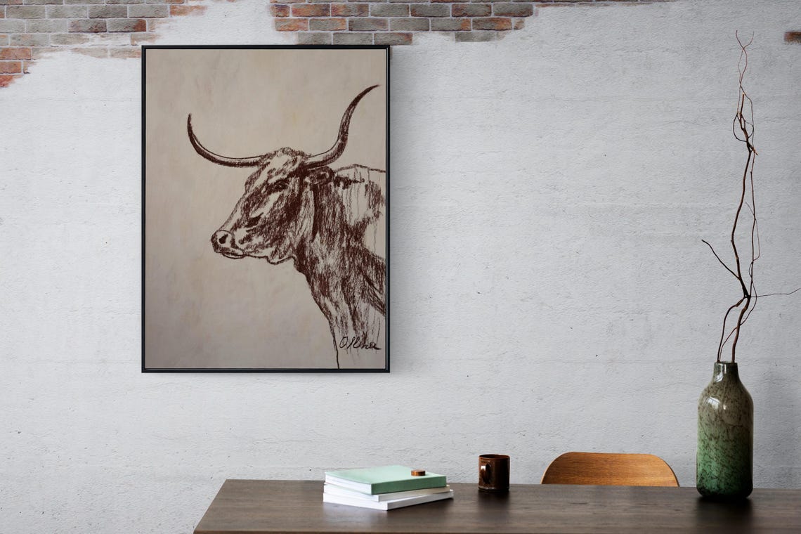 Longhorn Head Profile Ink Sketch Poster Sepia Western Artwork - Image 2