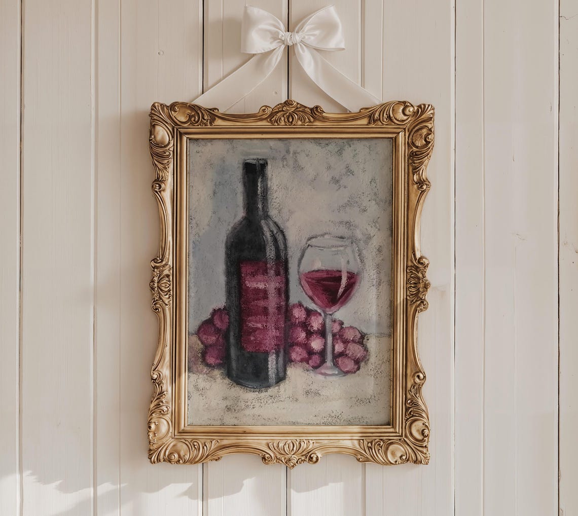 Classic Red Wine Bottle and Glass Still Life Kitchen Decor Poster - Image 2