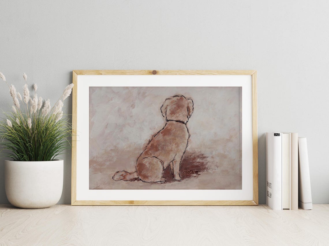 Small Dog Sitting with Back Turned Neutral Watercolor Sketch Poster - Image 2