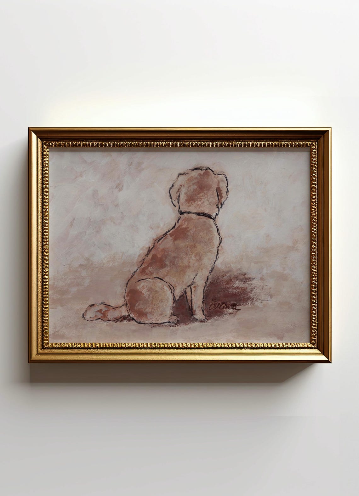 Small Dog Sitting with Back Turned Neutral Watercolor Sketch Poster