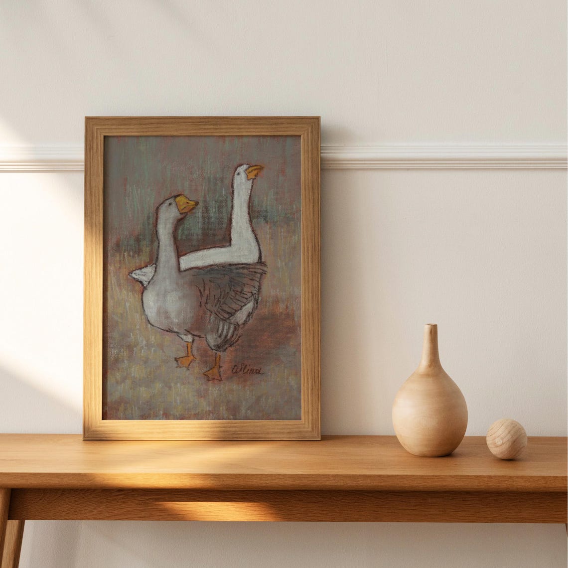 Two Geese Side by Side Painting Poster White and Gray Farm Birds - Image 2