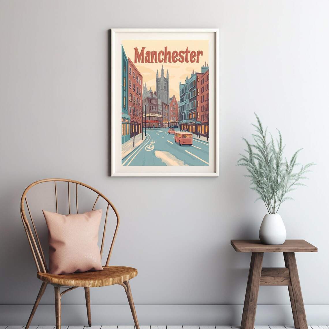 Manchester Gothic Cathedral Red Bus Vintage Street Scene Poster