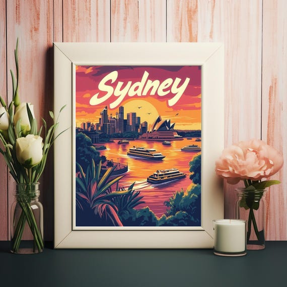 Vibrant Sydney Skyline At Sunset Bold Art Print Featuring Sydney Opera House And Harbour Bridge