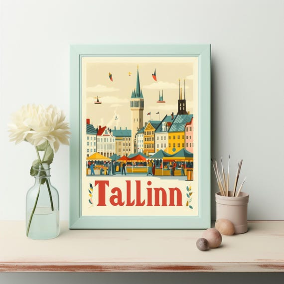 Colorful Market Scene In Tallinn Estonia Retro Travel Poster Style With Charming Architecture And Whimsical Touches