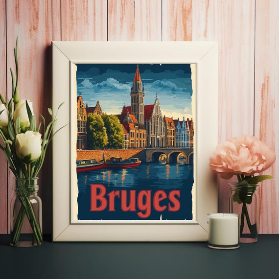 Vintage Travel Poster Of Bruges Charming Canals And Iconic Architecture In Colorful Art