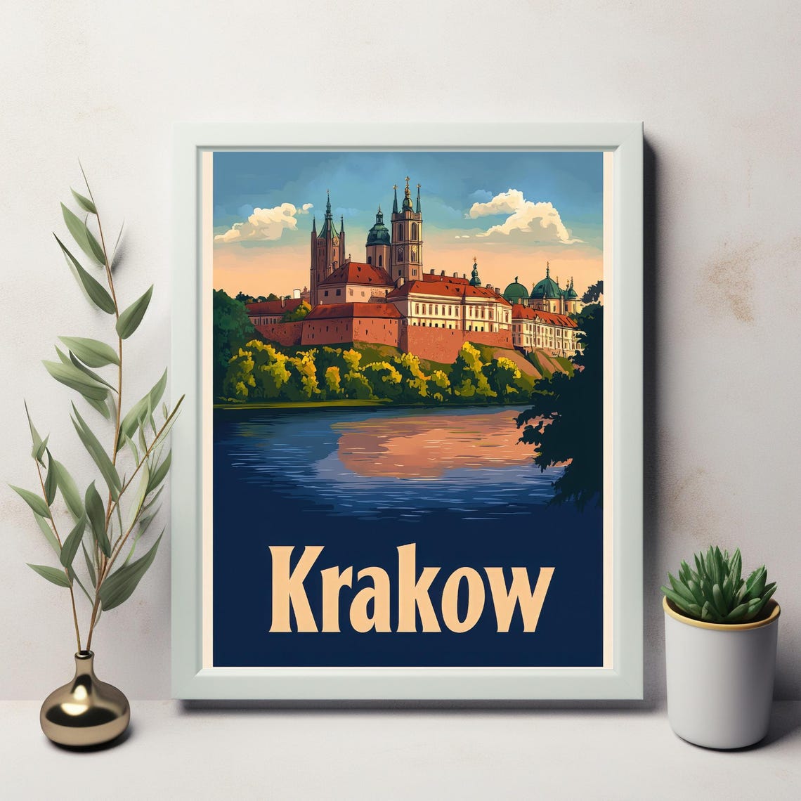 Vintage Krakow Illustration Scenic River Iconic Architecture And Lush Greenery A Serene Travel Poster Design - Image 2