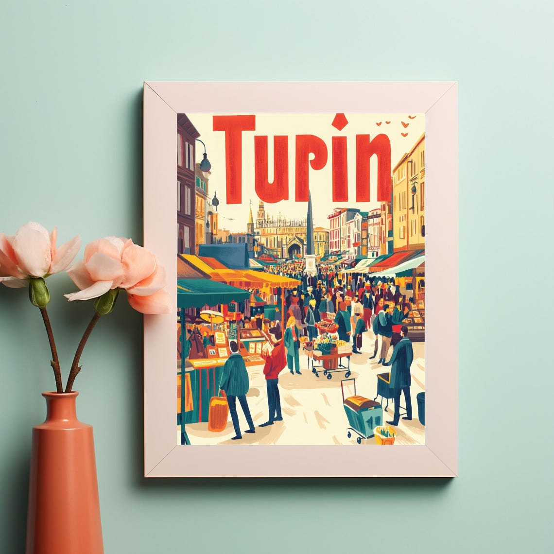 Vibrant Market Scene In Turin A Colorful Retro Travel Poster Illustration Of Italian Culture And Architecture