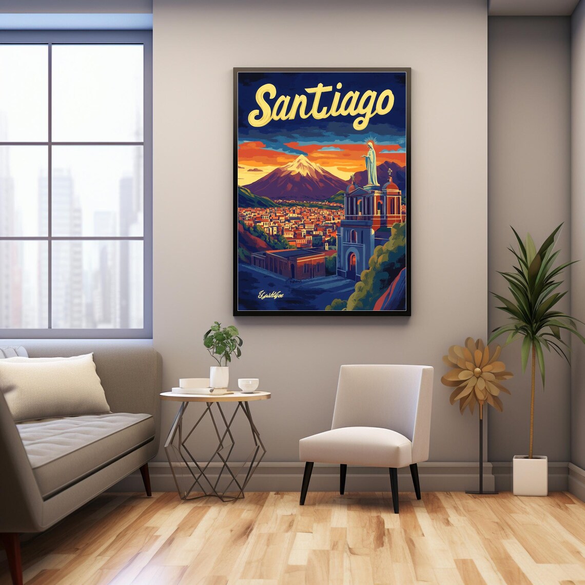 Santiago Chile Fiery Andes Sunset Virgin Mary Hilltop City Poster - Image 2
