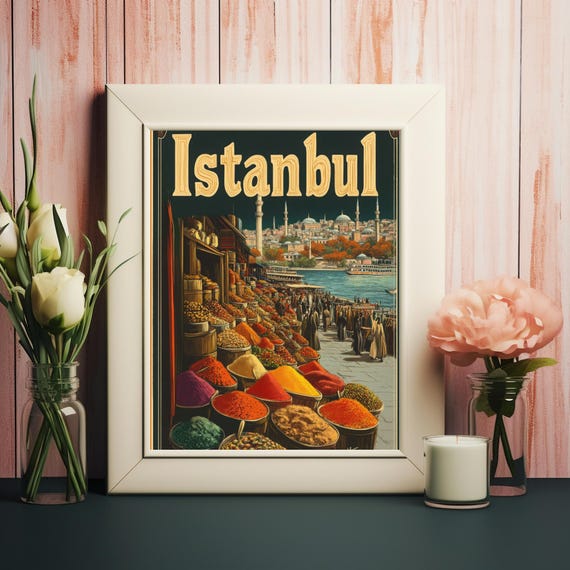 Istanbul A Vibrant Market Scene With Spices Historic Architecture And Lively Waterfront Ambiance In Classic Travel Poster Style