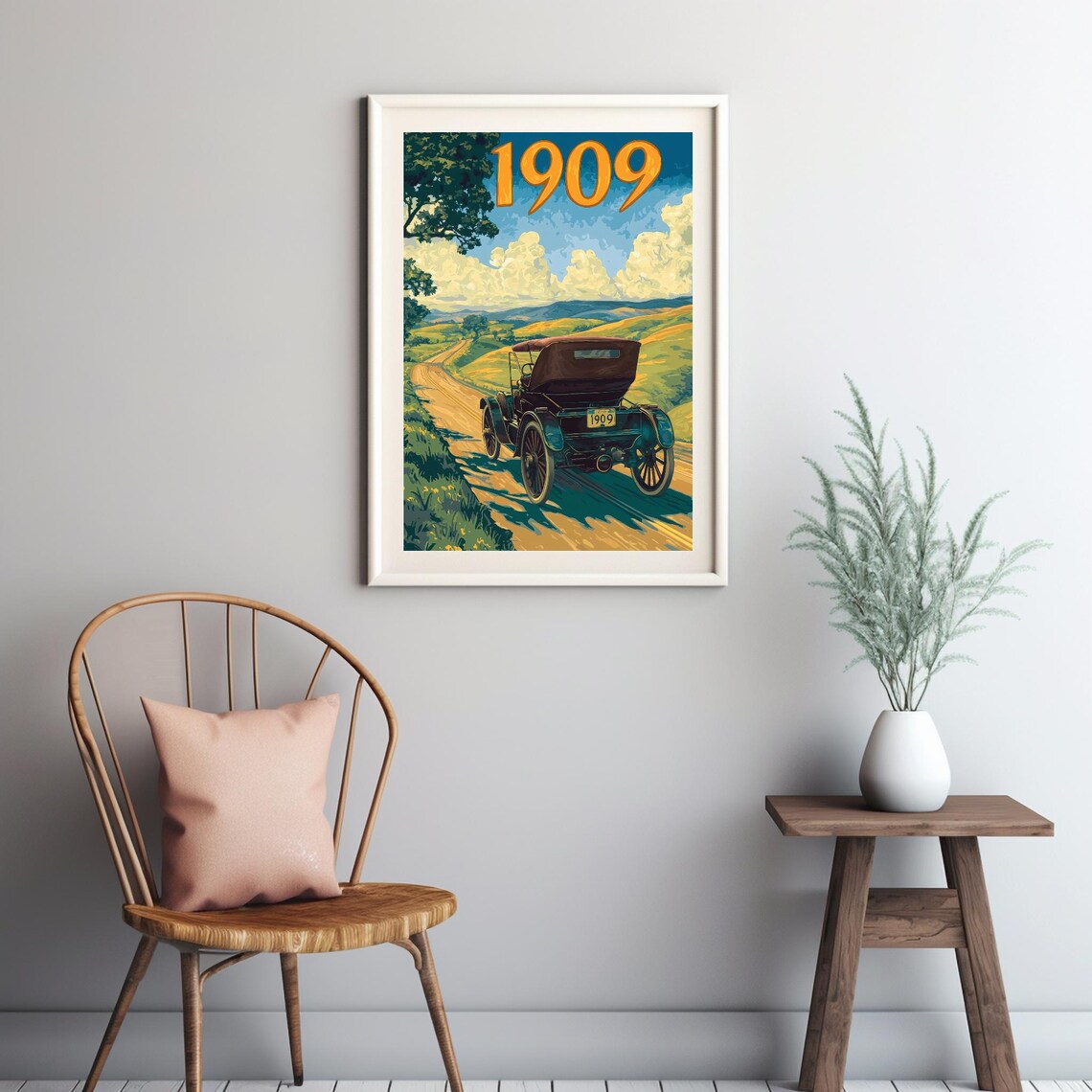 1909 Classic Automobile Cruising Winding Country Road Hillside Scene Poster - Image 3