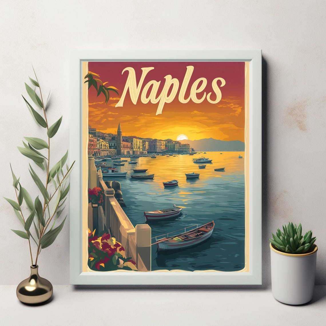 Vintage Style Naples Sunset Illustration Serene Coastal Scene With Boats And Mediterranean Architecture
