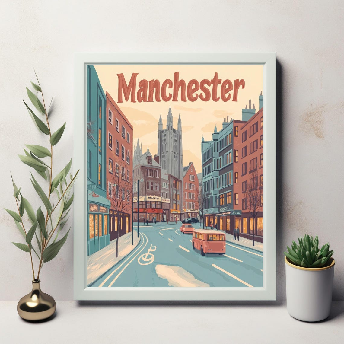 Vintage Manchester Street Scene With Gothic Landmark And Classic Red Bus Art Print For Instant - Image 2