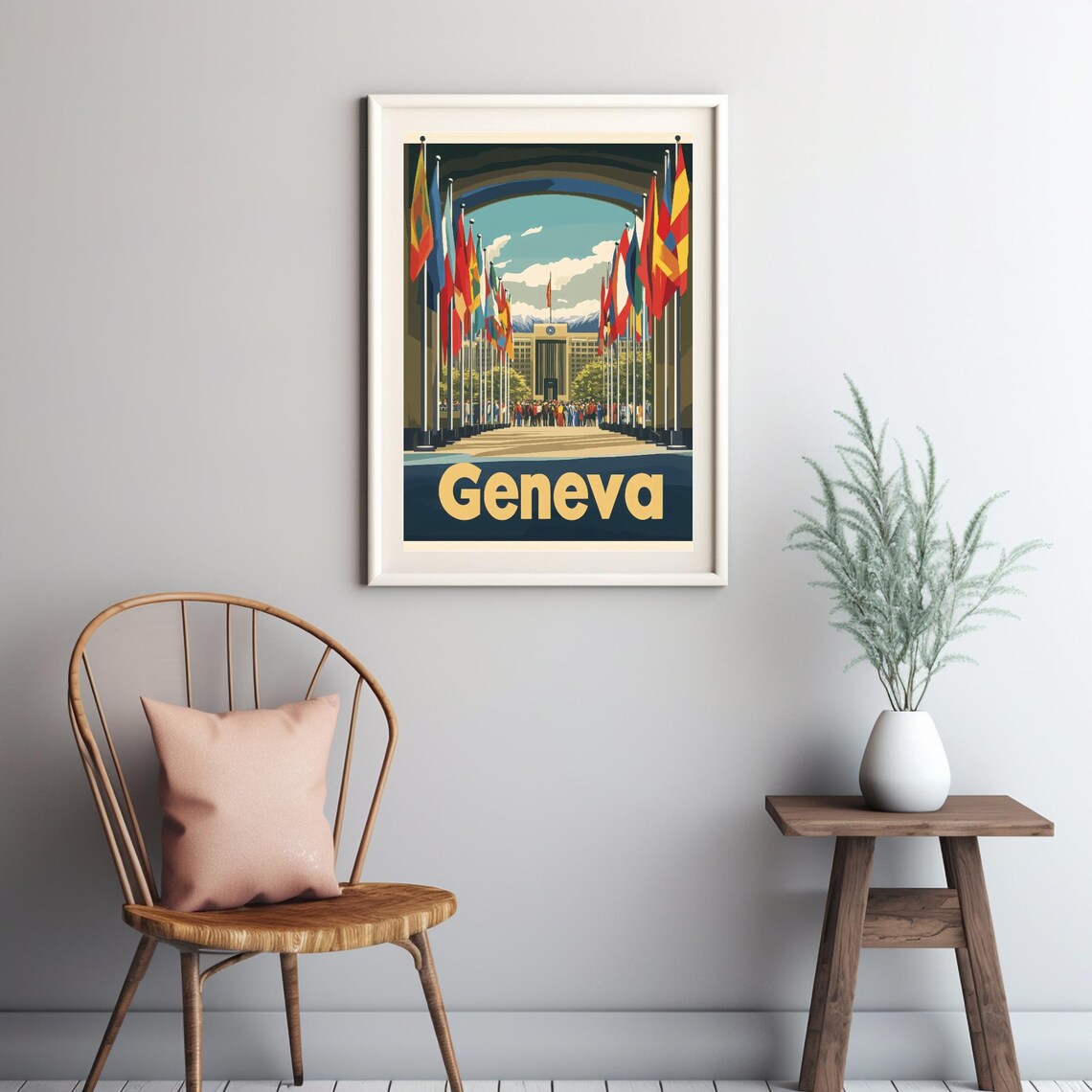 Vintage Geneva Travel Poster, Mountain Cityscape - Image 3