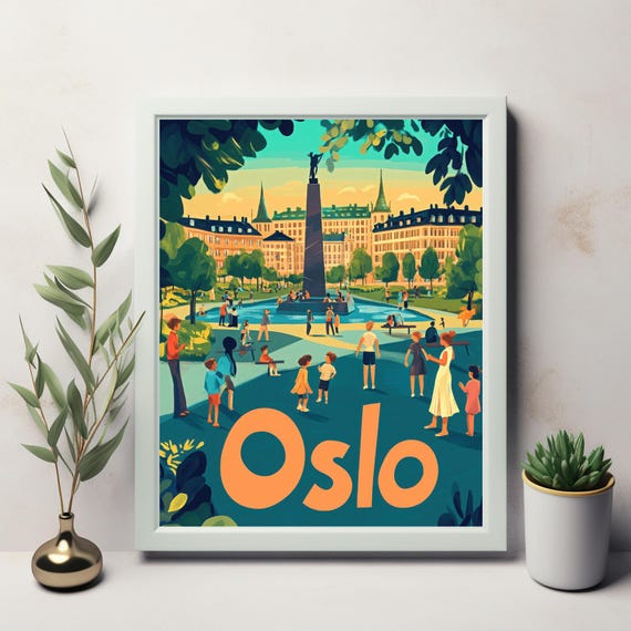 Vibrant Oslo Public Square Illustration A Playful Scene Of People Nature And Architecture In Art Style