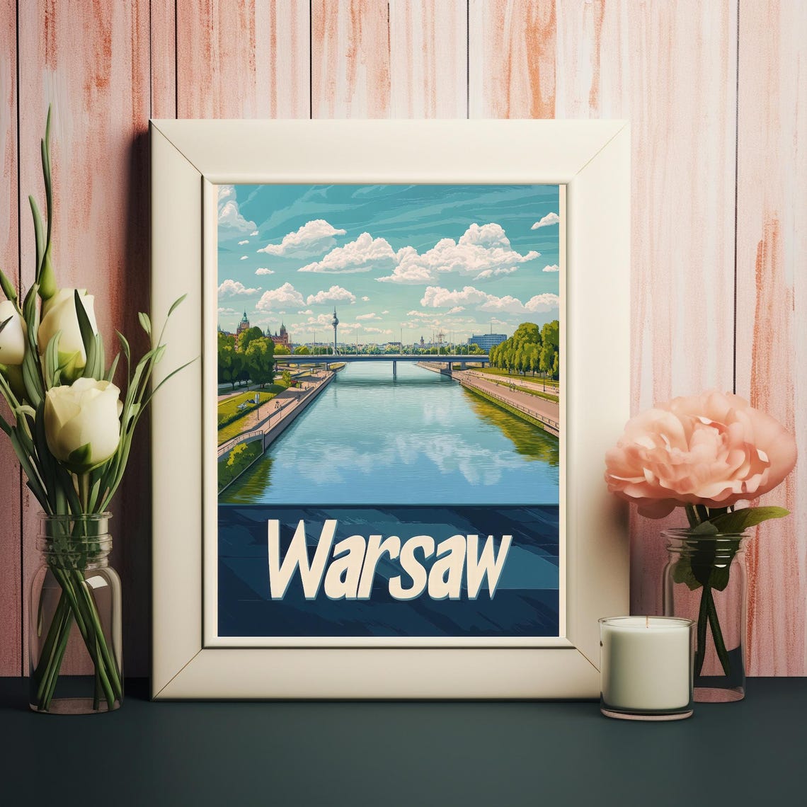 Warsaw A Scenic View Of The Vibrant City With Lush Riverbanks And Mix Of Architecture Vintage Travel Poster Style