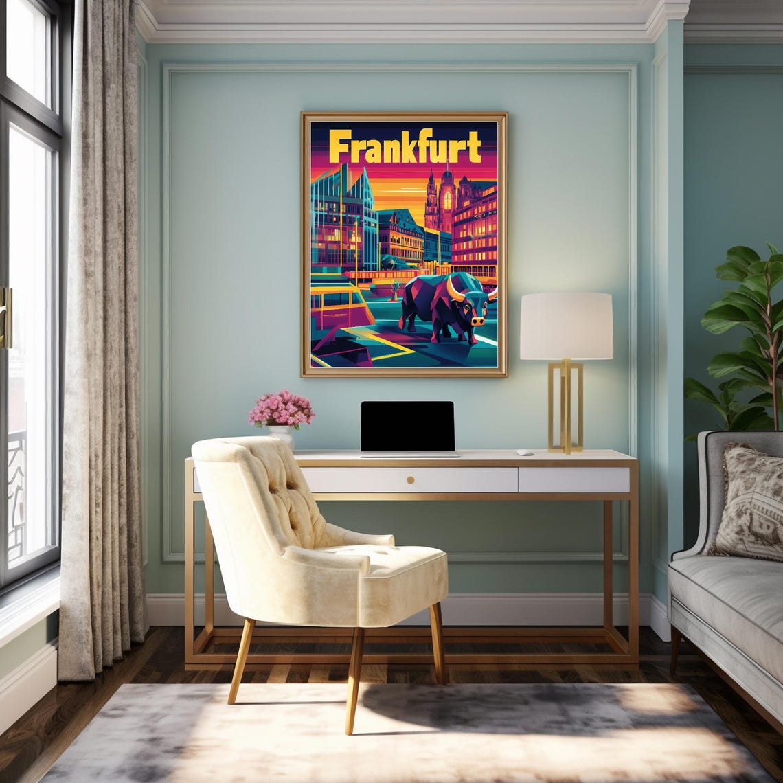 Vibrant Frankfurt Skyline Art A Geometric Bull And Modern Architecture In Bold Colors Art Print - Image 2