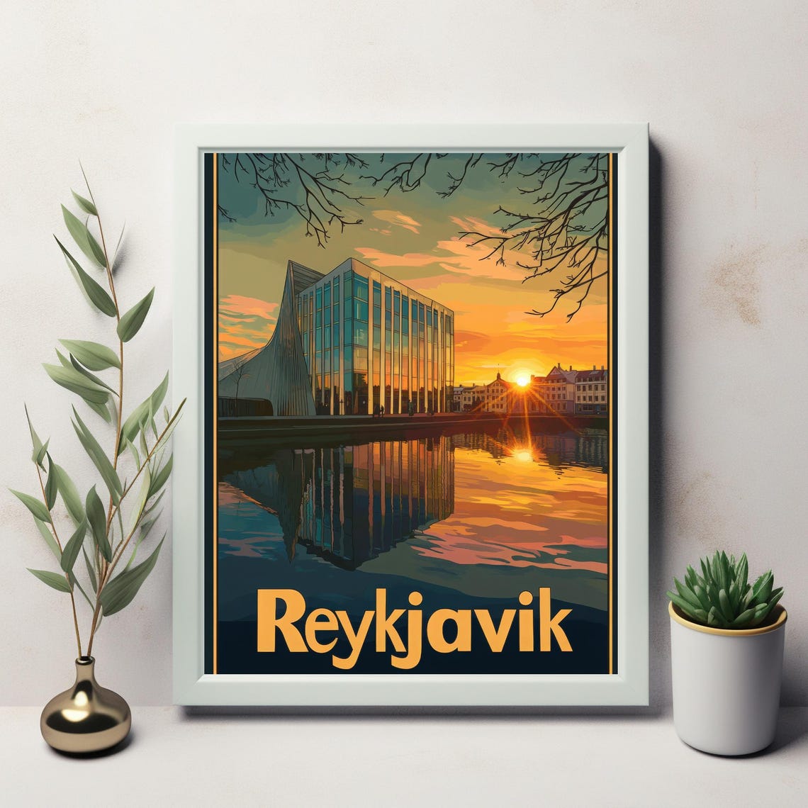 Reykjavik A Serene Sunset Reflection Modern Architecture Meets Vibrant Colors In Art Print