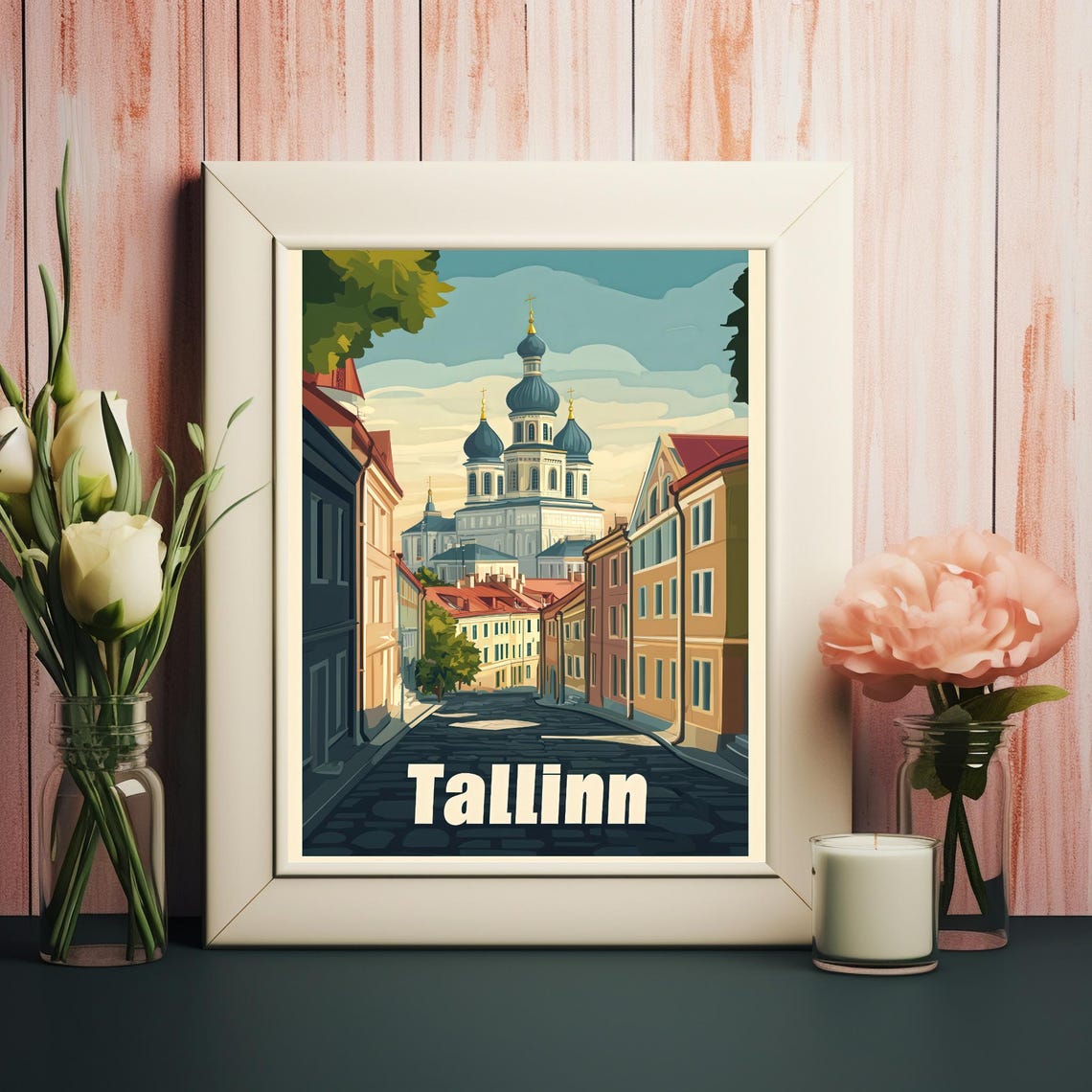 Charming Street Scene In Tallinn Featuring Distinctive Cathedral Vintage Style Art For Wall Decor