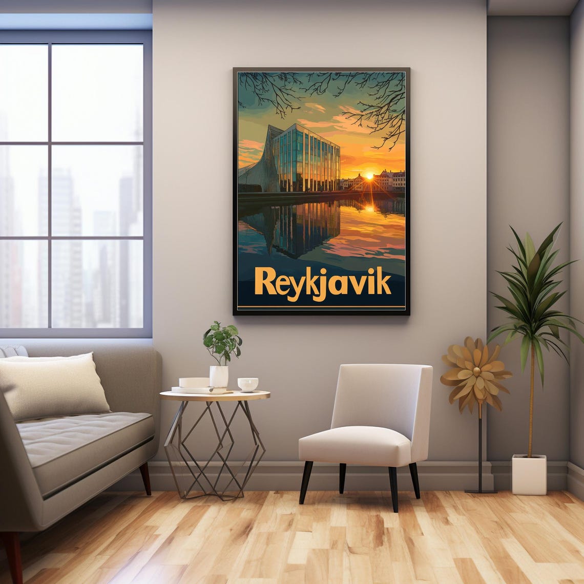 Reykjavik A Serene Sunset Reflection Modern Architecture Meets Vibrant Colors In Art Print - Image 2