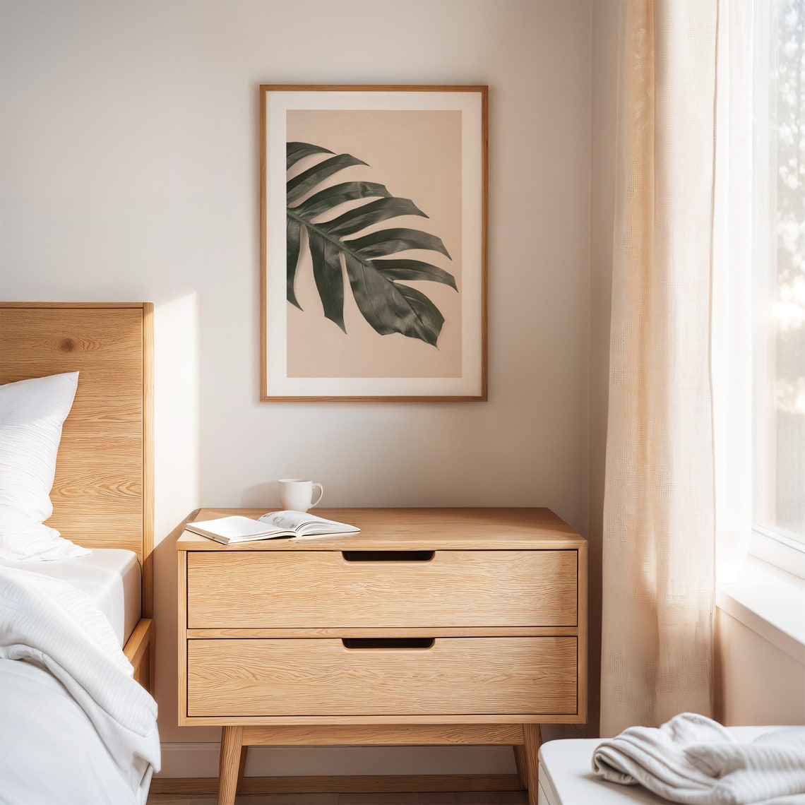 Monstera Leaf Minimalist Botanical Beige Backdrop Photo Wall Art - Image 3