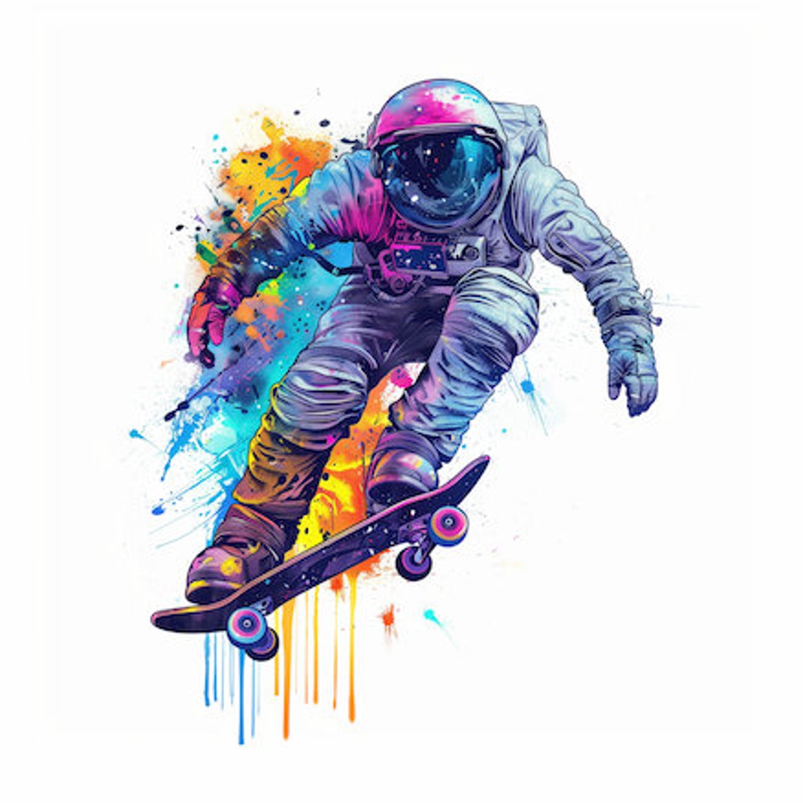 Astronaut Skateboarding In Watercolor With Neon Paint Drips Poster - Image 2