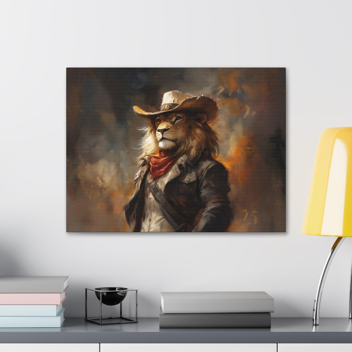 Majestic Lion Cowboy Watercolor Painting Red Scarf Dark Moody Poster - Image 2