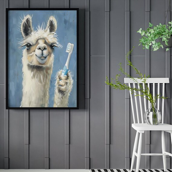 Whimsical Llama Holding a Toothbrush Funny Bathroom Wall Art