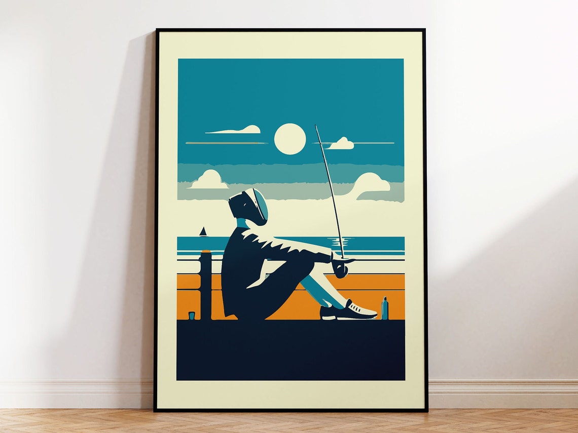 Fencer In Mask Relaxing On Beach Funny Fencing Sunset Art Poster