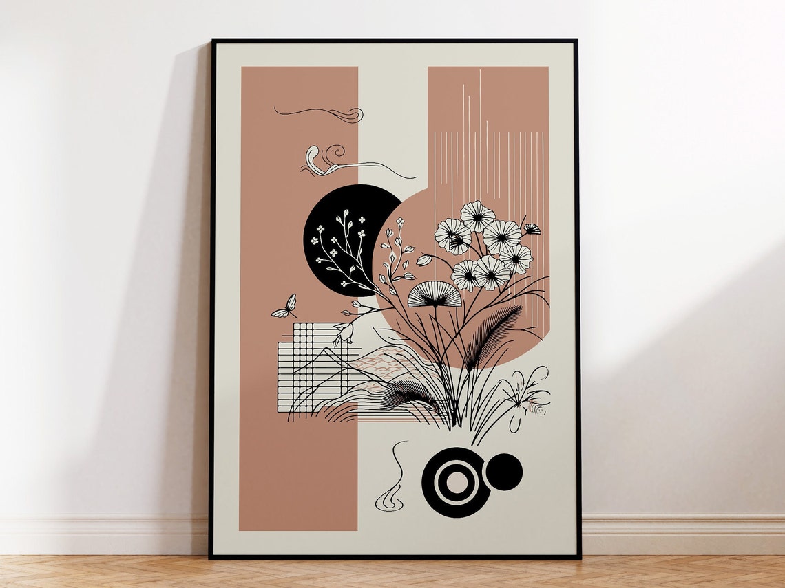 Japandi Botanical Abstract Poster with Floral Line Art in Rose Tones