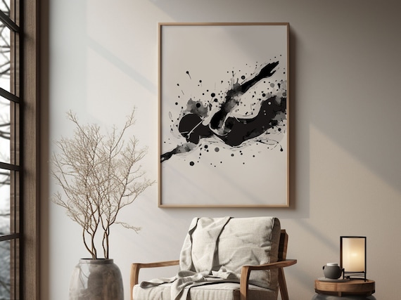 Swimmer Diving Ink Splash Monochrome Abstract Sports Wall Art
