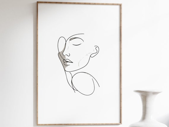 Minimalist Woman Portrait Line Art Print Luxury Wall Art I Frame Included Natural Oak White Black Lightwood Pine Thin Black Metal