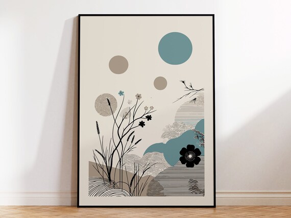 Japandi Wall Art Print For Minimalist Bohemian Home Decor Poster Wild Plants Abstract Landscape With Geometric Shapes