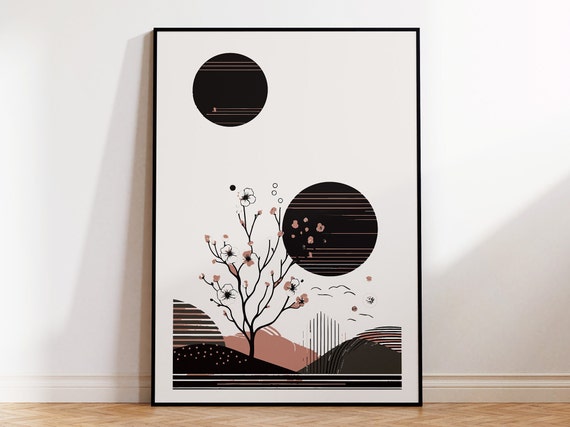 Framed Cherry Tree Graphic Art Print For Contemporary Japandi Home Interior Wall Art Poster With Black Abstract Landscape And Blossoms