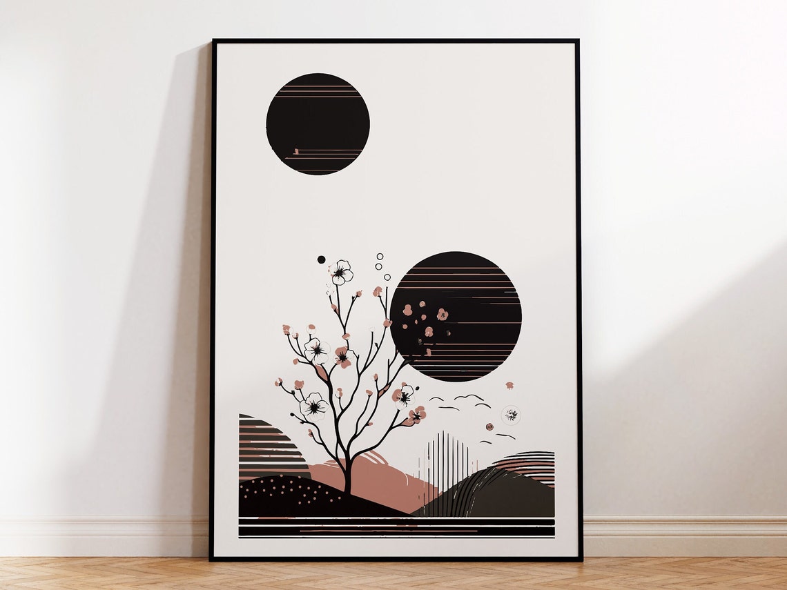 Cherry Blossom Tree Twin Black Suns Abstract Hills Pastel Poster