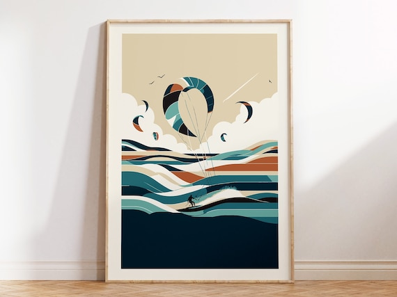 Abstract Kitesurfer Wall Art Print For Modern Surfer Home Decor Graphic Art Poster Of A Man Kitesurfing In The Ocean Waves