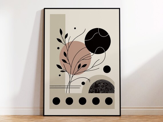 Framed Japandi Abstract Nature Poster In Pastel Colours And Black For Boho Interior Wall Art Japanese Influenced Geometric Print