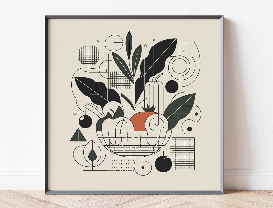 Abstract Fruit Bowl Poster Geometric Dark Green Orange Design