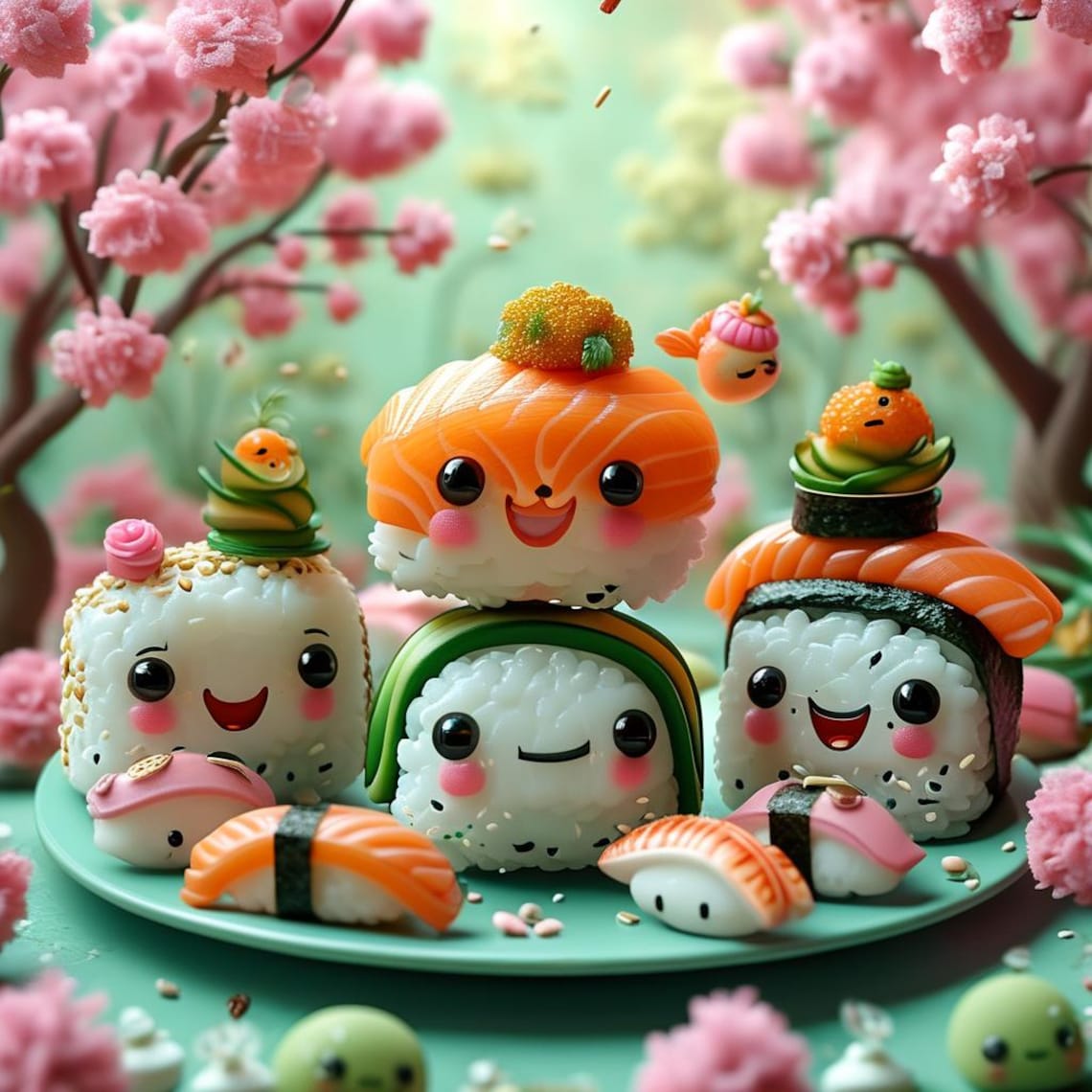 Kawaii Smiling Sushi Characters Cherry Blossom Food Art Poster