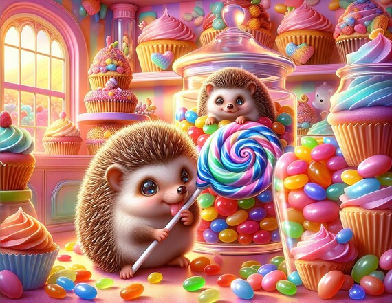 Kawaii Hedgehogs Candy Wonderland Lollipop Fantasy Art Poster