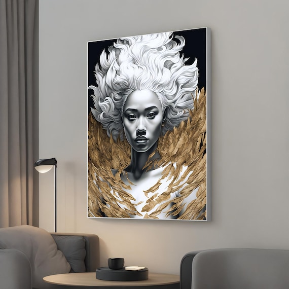 Silver White Haired Woman Portrait with Golden Leaves Wall Art